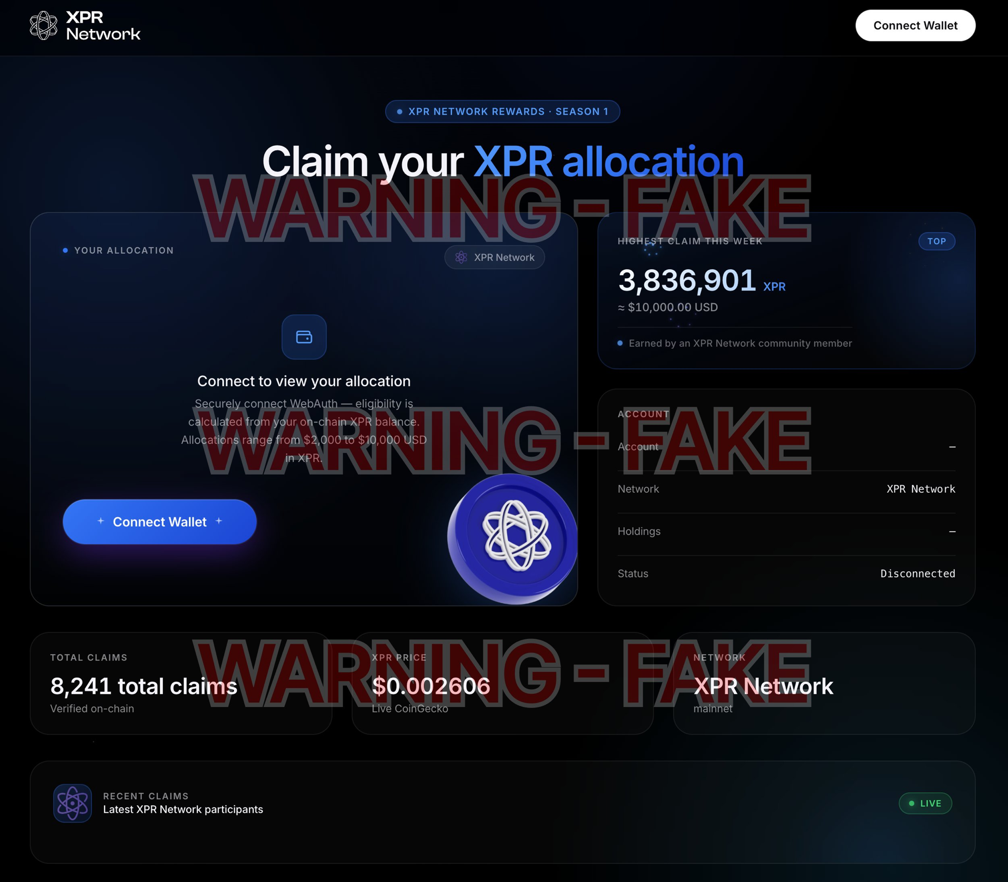 The fake xprdrop.com phishing site, marked WARNING - FAKE