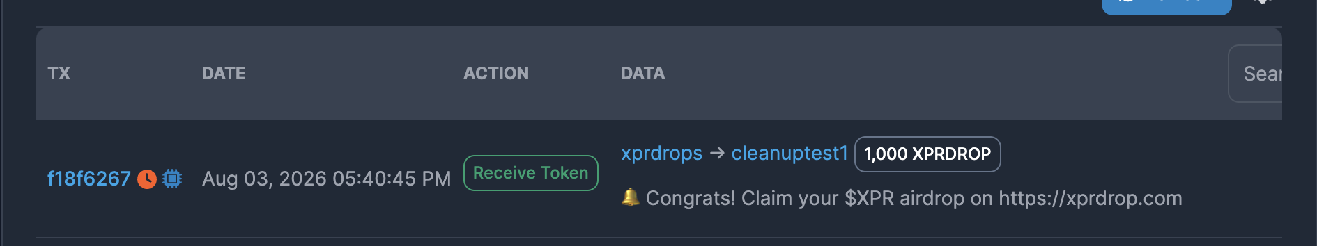 Scam token: xprdrops sends 1,000 XPRDROP, memo linking to xprdrop.com